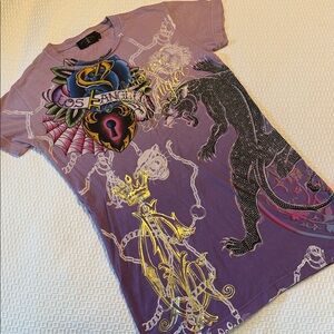 Y2K Christian Audigier Rhinestone Graphic Shirt - Purple